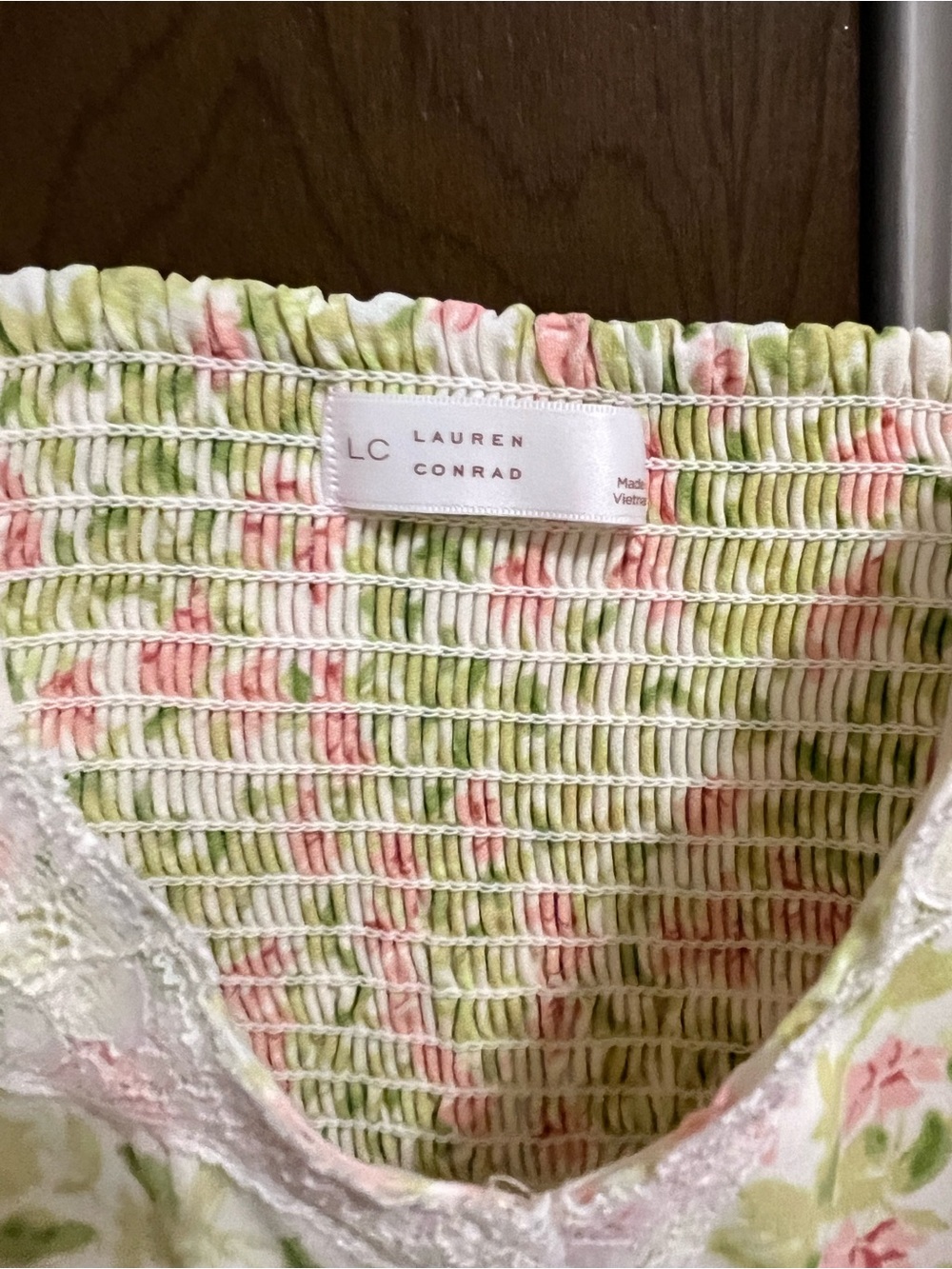 LC Lauren Conrad Pink & Green Floral Smocked Tank with Lace - Picture 2 of 7